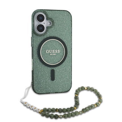 Guess iPhone 16 Pro Max Backcover hoesje Magsafe ML Glitter with pearl strap - Groen