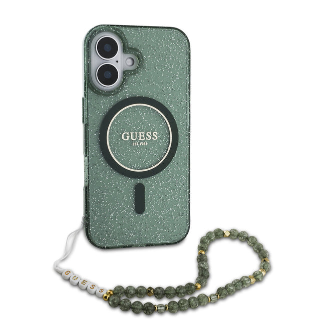 Guess iPhone 16 Pro Max Backcover hoesje Magsafe ML Glitter with pearl strap - Groen
