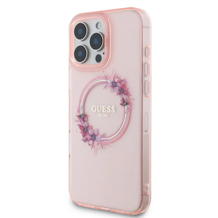 Guess iPhone 16 Pro Max Backcover hoesje Magsafe IML flowers wreath - Roze