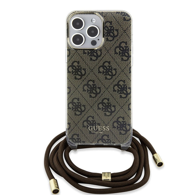 Guess iPhone 15 Pro Max Backcover hoesje Crossbody cord - 4G print - Bruin
