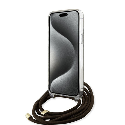 Guess iPhone 15 Pro Max Backcover hoesje Crossbody cord - 4G print - Bruin