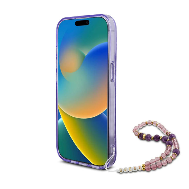 Guess iPhone 15 Pro Max Backcover hoesje Magsafe IML Glitter with pearls strap - Paars