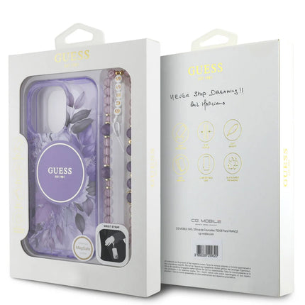 Guess iPhone 15 Pro Max Backcover hoesje Magsafe IML Glitter with pearls strap - Paars