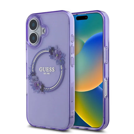 Guess iPhone 16 Backcover hoesje Magsafe IML flowers wreath - Paars