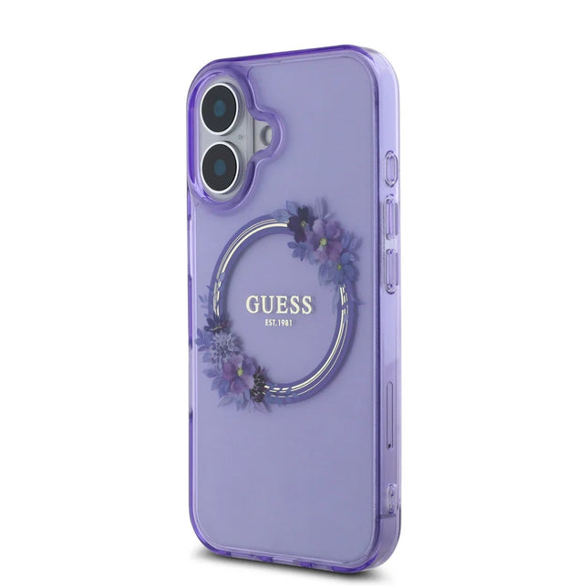 Guess iPhone 16 Backcover hoesje Magsafe IML flowers wreath - Paars