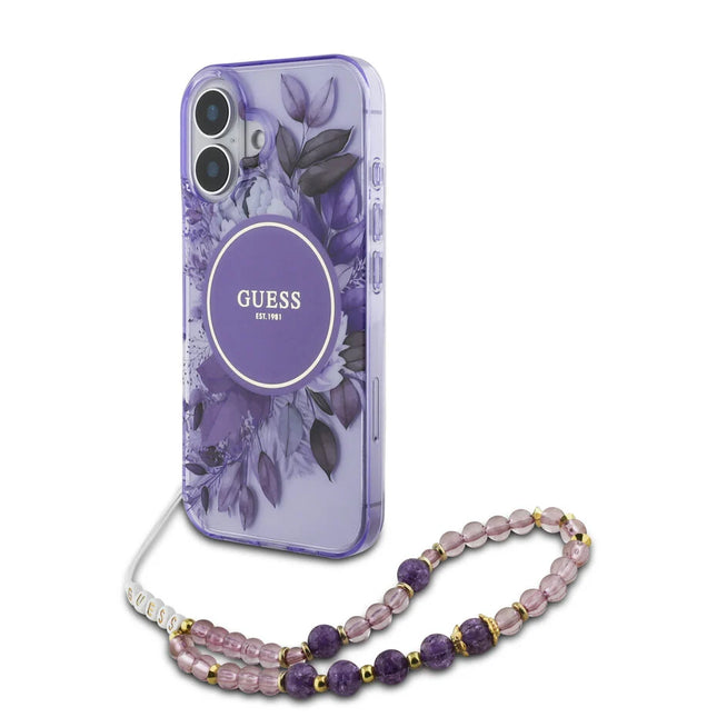 Guess iPhone 16 Backcover hoesje Magsafe IML Flowers with pearl strap - Paars