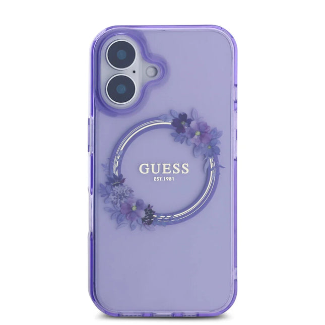 Guess iPhone 16 Backcover hoesje Magsafe IML flowers wreath - Paars