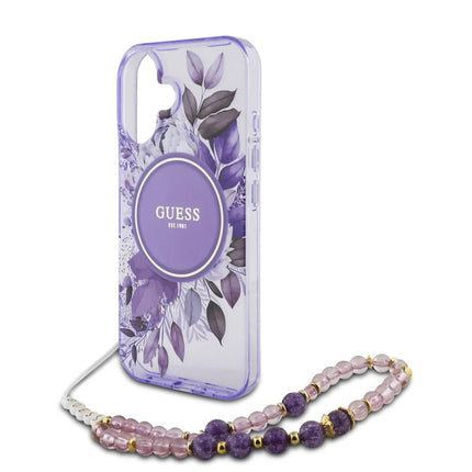 Guess iPhone 16 Backcover hoesje Magsafe IML Flowers with pearl strap - Paars