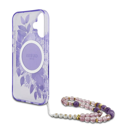 Guess iPhone 16 Backcover hoesje Magsafe IML Flowers with pearl strap - Paars
