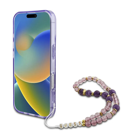 Guess iPhone 16 Backcover hoesje Magsafe IML Flowers with pearl strap - Paars