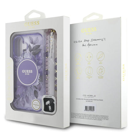 Guess iPhone 16 Backcover hoesje Magsafe IML Flowers with pearl strap - Paars