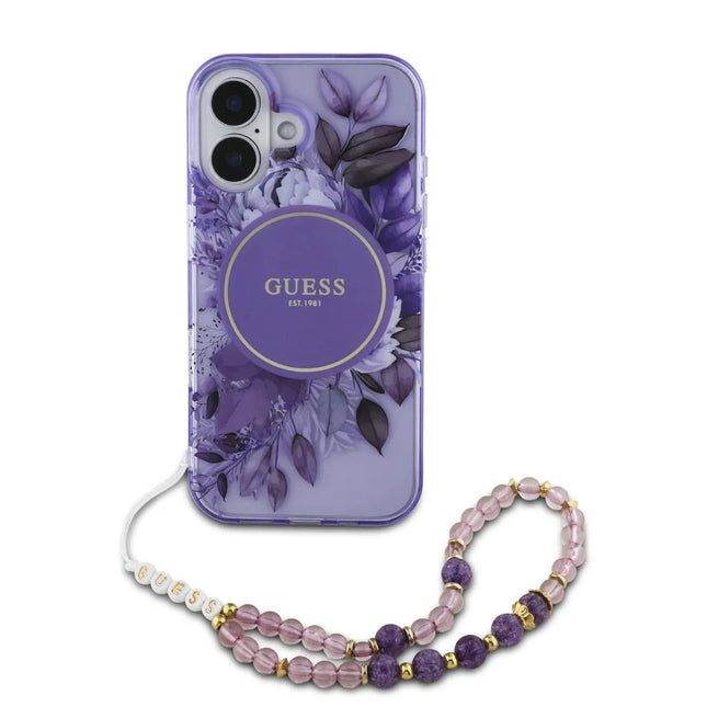 Guess iPhone 16 Backcover hoesje Magsafe IML Flowers with pearl strap - Paars