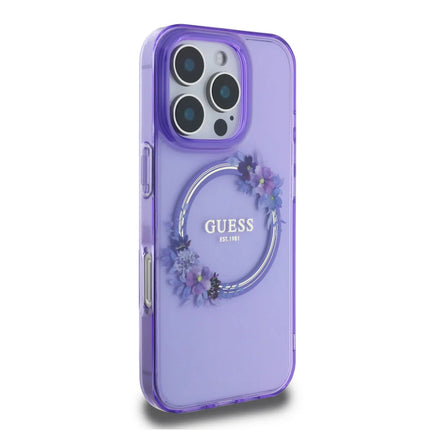 Guess iPhone 16 Pro Backcover hoesje Magsafe IML flowers wreath - Paars