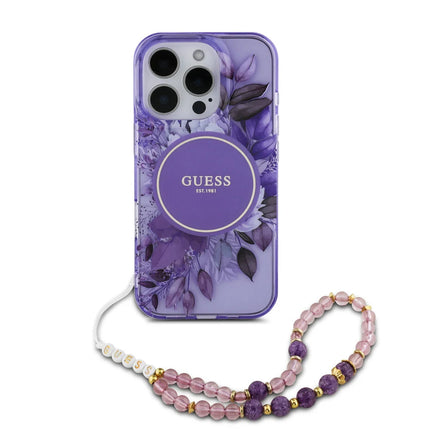 Guess iPhone 16 Pro Max Backcover hoesje Magsafe IML Flowers with pearl strap - Paars