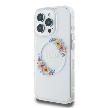 Guess iPhone 16 Pro Max Backcover hoesje Magsafe IML flowers wreath- Transparant