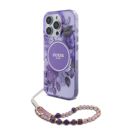Guess iPhone 16 Pro Max Backcover hoesje Magsafe IML Flowers with pearl strap - Paars