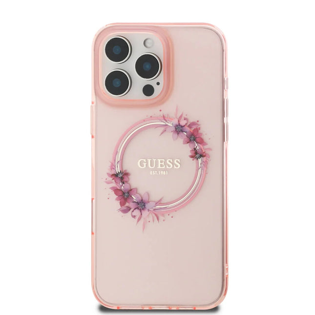 Guess iPhone 16 Pro Max Backcover hoesje Magsafe IML flowers wreath - Roze
