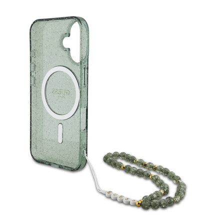 Guess iPhone 16 Pro Max Backcover hoesje Magsafe ML Glitter with pearl strap - Groen