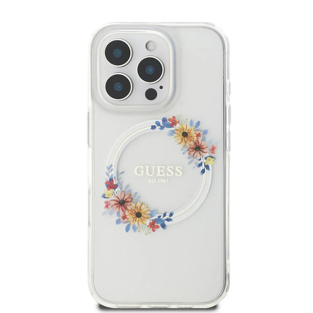 Guess iPhone 16 Pro Max Backcover hoesje Magsafe IML flowers wreath- Transparant