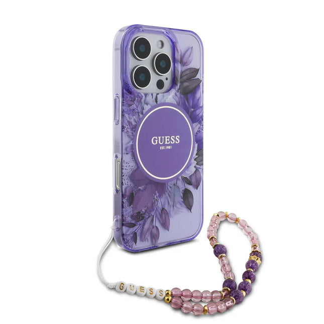 Guess iPhone 16 Pro Max Backcover hoesje Magsafe IML Flowers with pearl strap - Paars