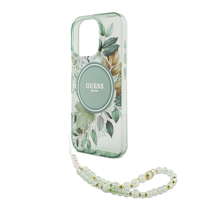 Guess iPhone 16 Pro Max Backcover hoesje Magsafe IML Glitter with pearls strap - Groen