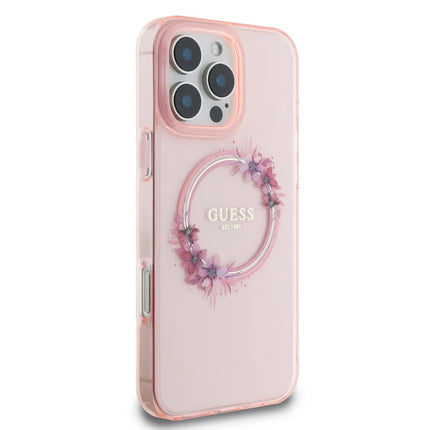 Guess iPhone 16 Pro Max Backcover hoesje Magsafe IML flowers wreath - Roze