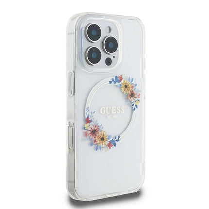 Guess iPhone 16 Pro Max Backcover hoesje Magsafe IML flowers wreath- Transparant