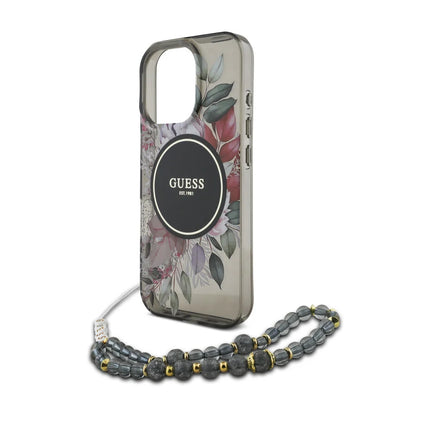 Guess iPhone 16 Pro Max Backcover hoesje Magsafe IML Flowers with pearl strap - Zwart