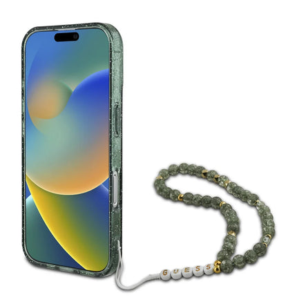 Guess iPhone 16 Pro Max Backcover hoesje Magsafe ML Glitter with pearl strap - Groen