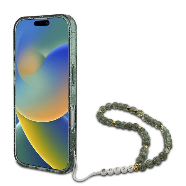 Guess iPhone 16 Pro Max Backcover hoesje Magsafe ML Glitter with pearl strap - Groen