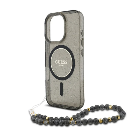 Guess iPhone 16 Pro Max Backcover hoesje Magsafe ML Glitter with pearl strap - Zwart