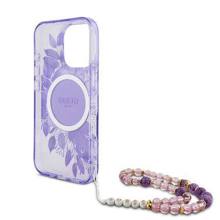 Guess iPhone 16 Pro Max Backcover hoesje Magsafe IML Flowers with pearl strap - Paars