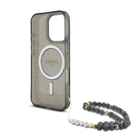 Guess iPhone 16 Pro Max Backcover hoesje Magsafe ML Glitter with pearl strap - Zwart