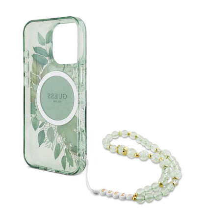 Guess iPhone 16 Pro Max Backcover hoesje Magsafe IML Glitter with pearls strap - Groen
