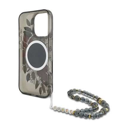 Guess iPhone 16 Pro Max Backcover hoesje Magsafe IML Flowers with pearl strap - Zwart