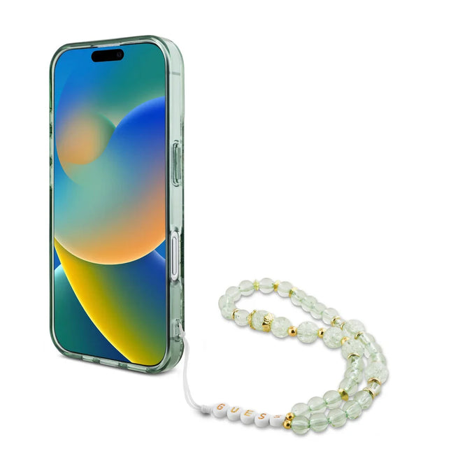 Guess iPhone 16 Pro Max Backcover hoesje Magsafe IML Glitter with pearls strap - Groen