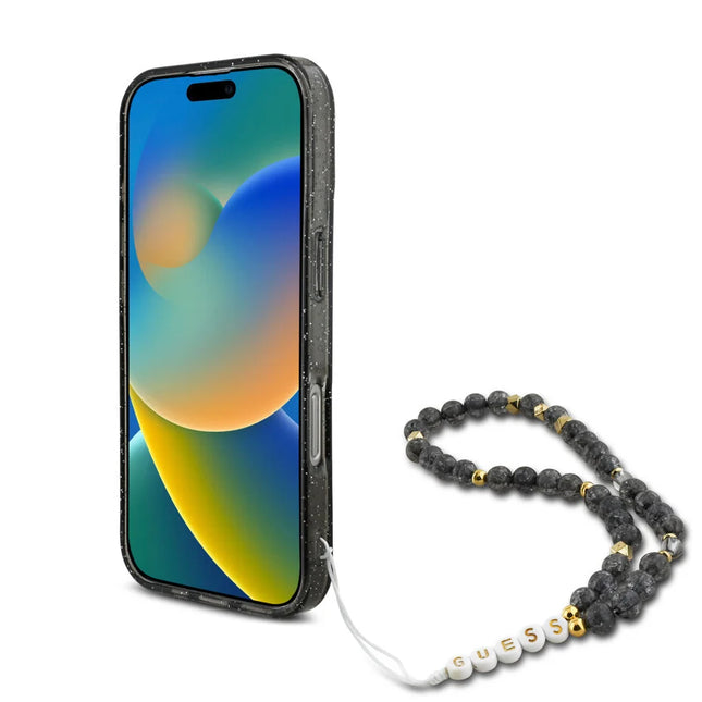 Guess iPhone 16 Pro Max Backcover hoesje Magsafe ML Glitter with pearl strap - Zwart