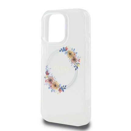Guess iPhone 16 Pro Max Backcover hoesje Magsafe IML flowers wreath- Transparant