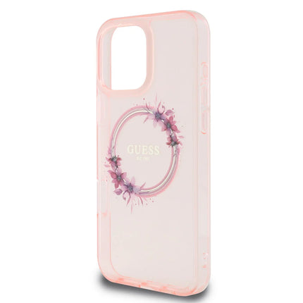 Guess iPhone 16 Pro Max Backcover hoesje Magsafe IML flowers wreath - Roze
