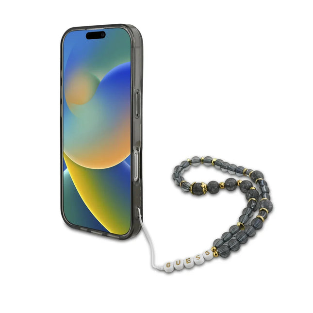 Guess iPhone 16 Pro Max Backcover hoesje Magsafe IML Flowers with pearl strap - Zwart