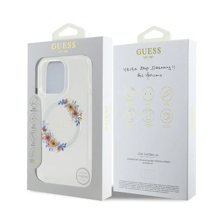 Guess iPhone 16 Pro Max Backcover hoesje Magsafe IML flowers wreath- Transparant