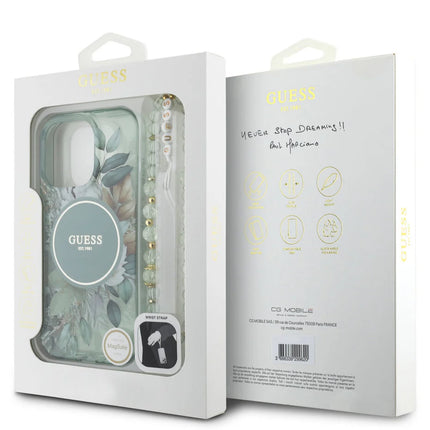 Guess iPhone 16 Pro Max Backcover hoesje Magsafe IML Glitter with pearls strap - Groen