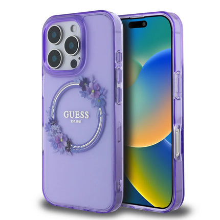 Guess iPhone 16 Pro Max Backcover hoesje Magsafe IML flowers wreath - Paars