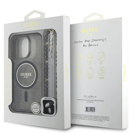 Guess iPhone 16 Pro Max Backcover hoesje Magsafe ML Glitter with pearl strap - Zwart