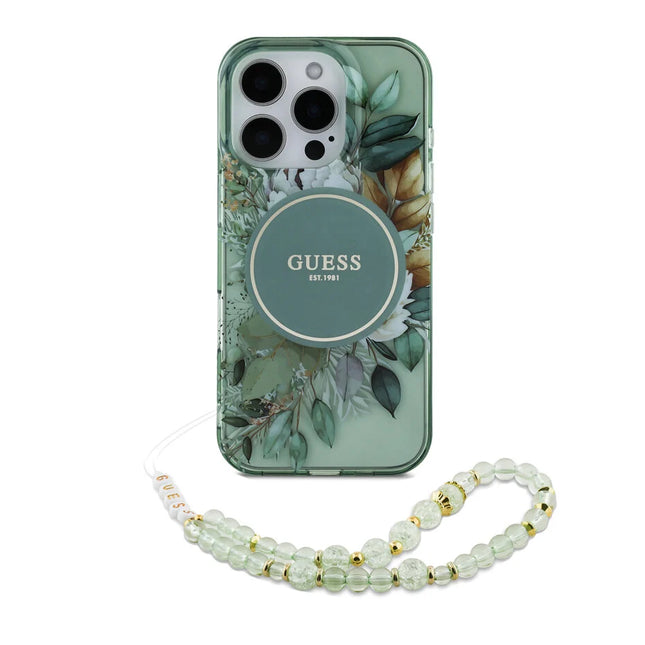 Guess iPhone 16 Pro Max Backcover hoesje Magsafe IML Glitter with pearls strap - Groen