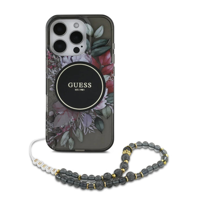 Guess iPhone 16 Pro Max Backcover hoesje Magsafe IML Flowers with pearl strap - Zwart