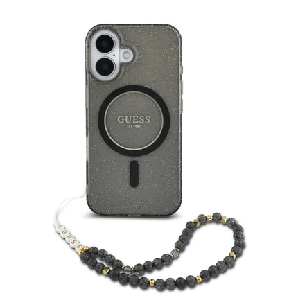 Guess iPhone 16 Pro Max Backcover hoesje Magsafe ML Glitter with pearl strap - Zwart