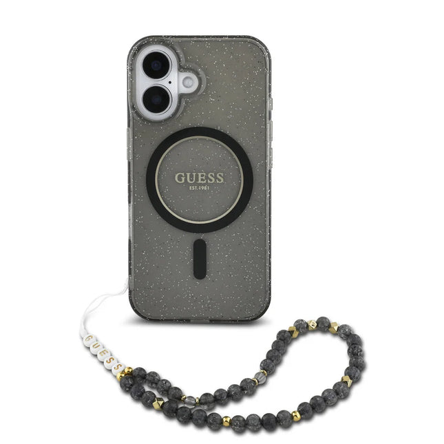 Guess iPhone 16 Pro Max Backcover hoesje Magsafe ML Glitter with pearl strap - Zwart