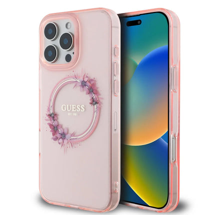 Guess iPhone 16 Pro Max Backcover hoesje Magsafe IML flowers wreath - Roze