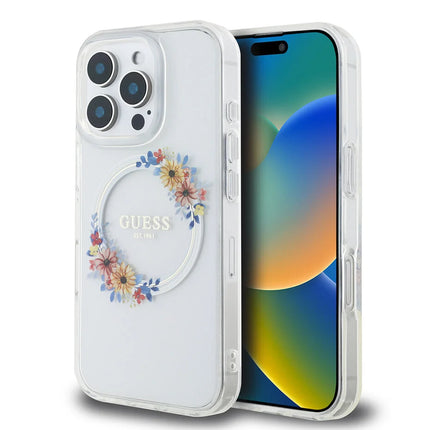 Guess iPhone 16 Pro Max Backcover hoesje Magsafe IML flowers wreath- Transparant